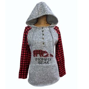 Gray and Red Plaid Hoodie with Bear Design